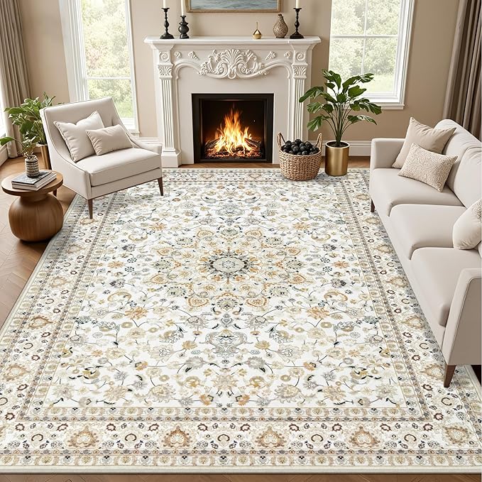 10x12 Area Rugs Living Room: Washable Boho Rug for Bedroom Beige | Vintage No Slip Stain Resistant Rug Soft Indoor Decor Floor Floral Area Rugs for Dining Room, Nursery, Hallway, Home Office