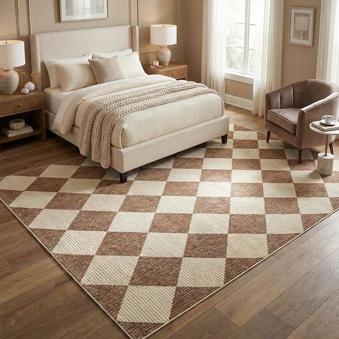 GarveeHome Brown Area Rugs 8x10 Modern Living Room Checkered Washable Rug | Large Soft Non Slip Backing Floor Mat Carpet Indoor Thin Rug for Bedroom Dining Room Playroom Nursery Home Decor