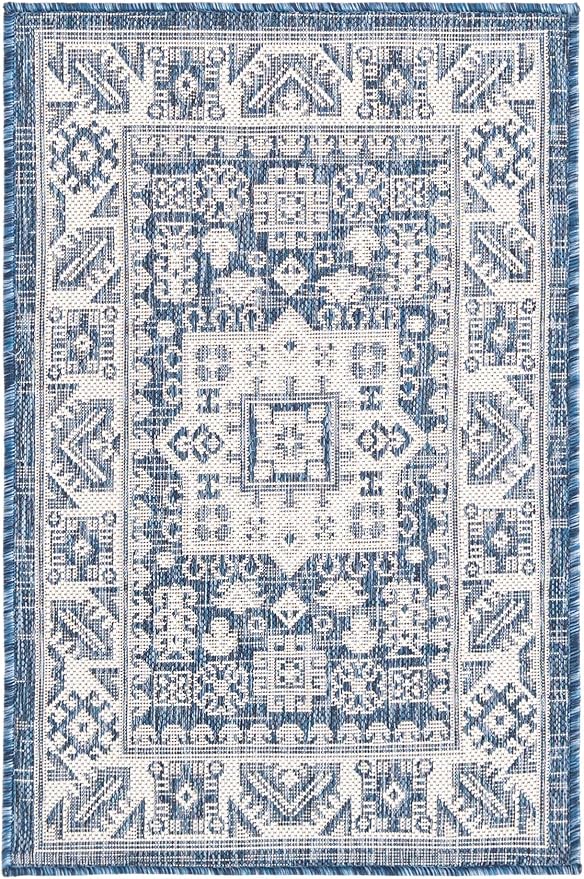 Unique Loom Outdoor Aztec Collection Area Rug - Chalca (2' 2" x 3' 1" Rectangle, Blue/ Ivory)