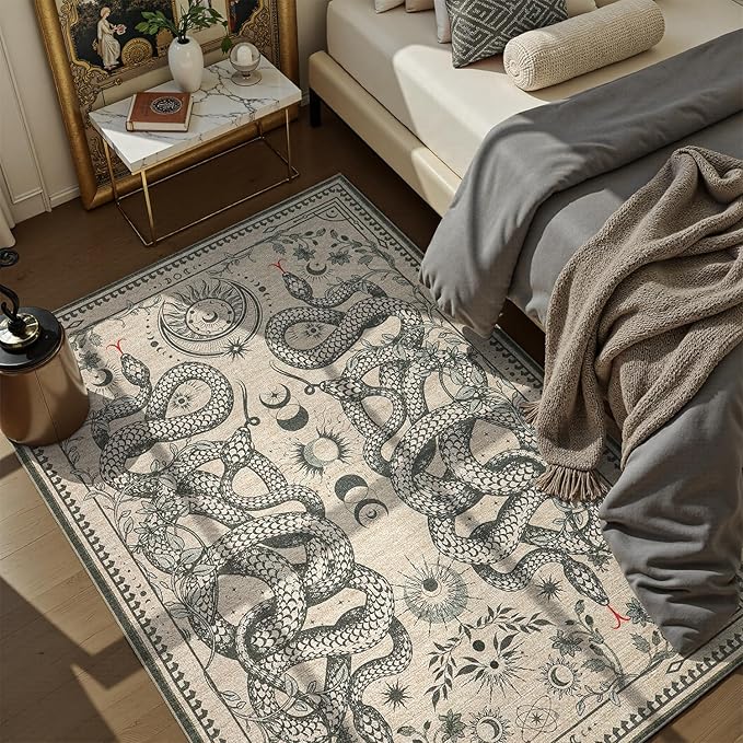 DCX 3x5 Washable Snake Rug for Living Room, Non Slip Low Pile Rug, Beige | Rugs for living rooms, bedroom, dining room, office, soft, gothic rug, sain resistant indoor carpet, home decor