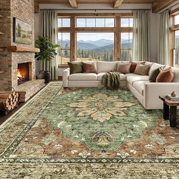 RELEANY Washable Area Rug, Large 10'x14', Brick/Brown/Green | Non-Slip, Water Repellent, Pet Friendly, Easy to Clean, Vintage Floral Boho Decor for Living Room Bedroom Dining Room