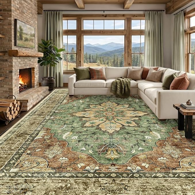 RELEANY Washable Area Rug, Large 9'x12', Brick/Brown/Green | Non-Slip, Water Repellent, Pet Friendly, Easy to Clean, Vintage Floral Boho Decor for Living Room Bedroom Dining Room