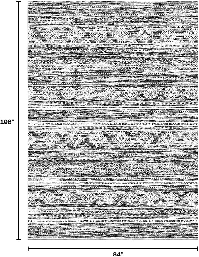 Nakagishi Area Rug Living Room Rugs: 7X9 Machine Washable Boho Large Neutral Farmhouse Stain Resistant Moroccan Indoor Floor Carpet for Bedroom Nursery Dorm Dining Room Home-White Black