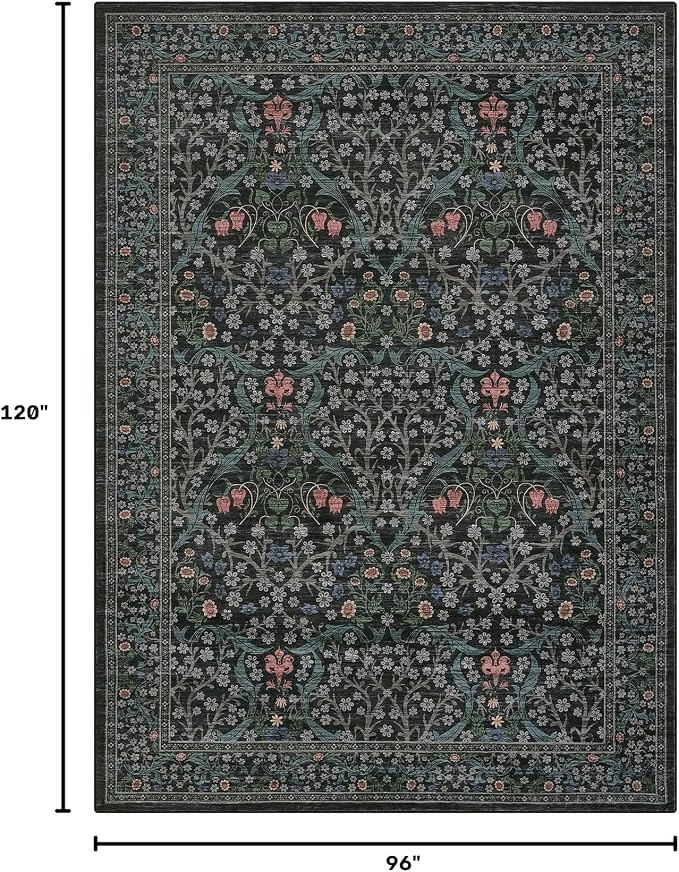 GarveeHome Dark Black Floral 8x10 Washable Area Rug Living Room Bedroom | Vintage Stain Resistant Rugs for Large Room Low-Pile Non-Slip Carpet Soft Stain Resistant Botanical Boho Rug TPE Backing