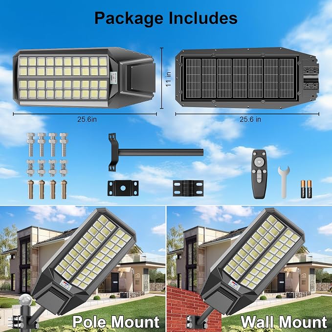 loyoele Utral-Large Solar Street Light 4 Pack，Solar Flood Lights Outdoor,Waterproof Motion Sensor LED Lights,Dusk to Dawn Lights with Remote, Solar-Powered Parking Lot Light,Commercial Area Lighting
