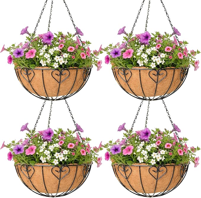 4 Pack Hanging Planter for Outdoor Plants 12 inch Metal Hanging Flower Basket with Coco Coir Liner Round Wire Plant Holder Chain Flower Pots Outdoor Garden Decoration Watering Hanging Baskets（AX）