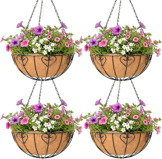 4 Pack Hanging Planter for Outdoor Plants 12 inch Metal Hanging Flower Basket with Coco Coir Liner Round Wire Plant Holder Chain Flower Pots Outdoor Garden Decoration Watering Hanging Baskets（AX）