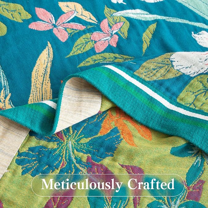 Phuryllic Boho Throw Blanket Twin Size, Soft Cozy Cotton Muslin Quilt Blanket for Bed Decor, Floral Patterned Couch Sofa Chair Cover, Vintage Farmhouse Cottage Tapestry Woven Blanket, Teal&Green