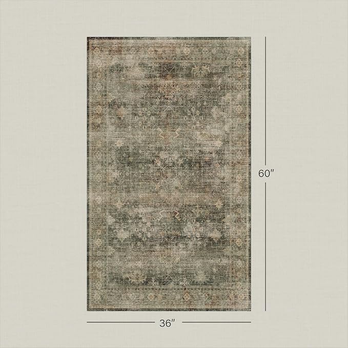 Vintage Moss Green 3x5 Area Rug for Entryway, Kitchen, Bedroom & Laundry Room, Dark Academia Distressed Geometric Carpet, Washable, Low Pile Anti-Slip Backing, Stain & Fade Resistant