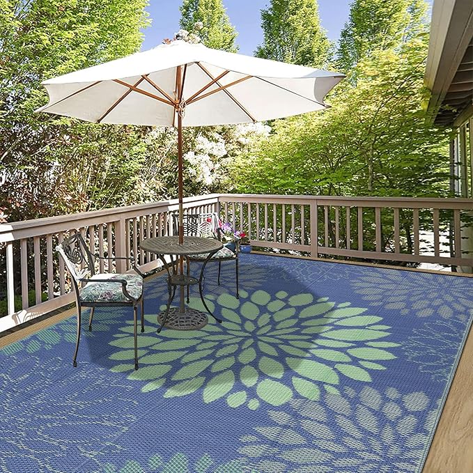 Ileading Waterproof Outdoor Rug 6x9, Reversible Plastic Straw Patio Rug, Portable Indoor Outdoor RV Camping Mat Carpet for Deck, Porch, Balcony, Backyard, Picnic, Floral Navy Blue