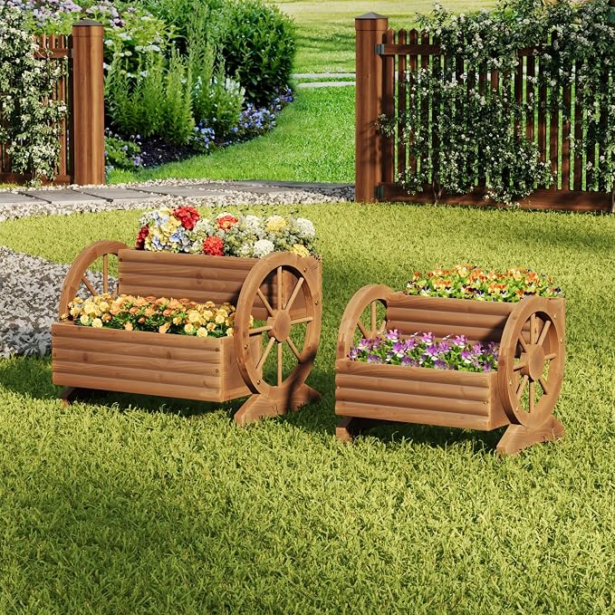 Wooden Wagon Planter with Wheels, Flower Pots, Brown, Large | Outdoor Flower Cart, For Patio Balcony Decoration, Succulent Flower Pot, Indoor Backyard Yard Decor