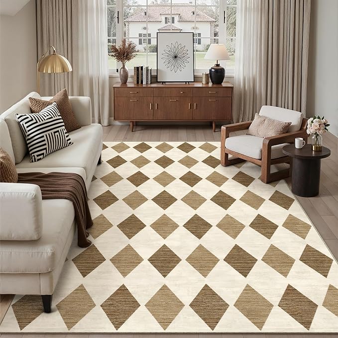 8x10 Checkered Area Rugs for Living Room Brown Machine Washable Large Rug Non-Slip Stain Resistant Low Pile Boho Accent Indoor Throw Carpet for Bedroom Dining Room Home Aesthetic Decor