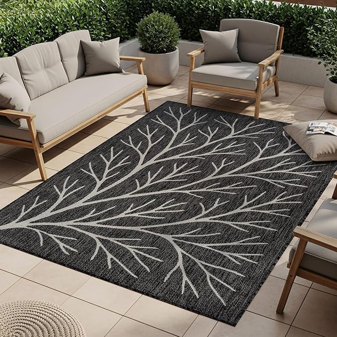Washable Indoor Outdoor Rug 5x7 Modern Area Rugs Branch Pattern Non Shedding Waterproof Easy Clean Patio Deck Porch Living Room Bedroom Garden RV (5 X 7 Dark Gray)