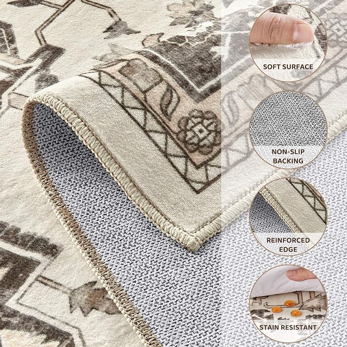 Vintage Washable 9x12 Area Rug for Living Room, Dark Brown | Soft Low Pile Rug with Non-Slip Backing, Stain Resistant for Bedroom or Dining Room, Kid & Pet Friendly