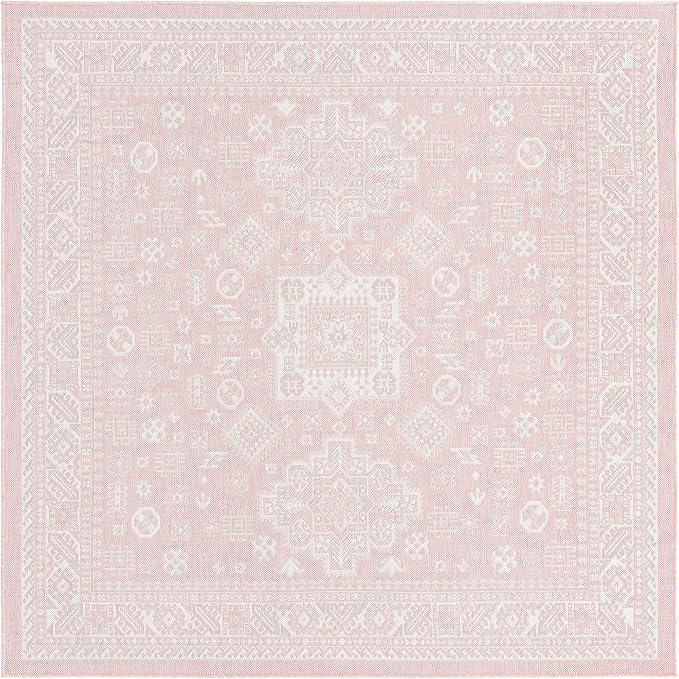 Unique Loom Outdoor Aztec Collection Area Rug - Chalca (7' 10" Square, Pink/ Ivory)