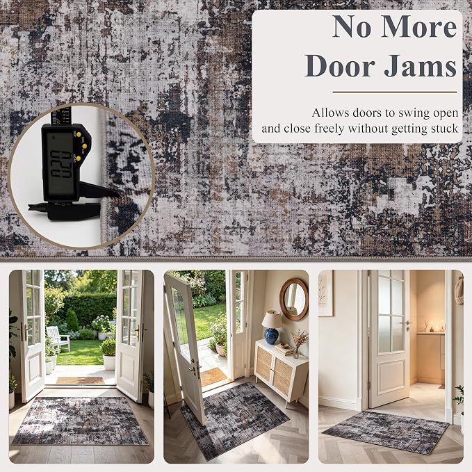 Sasttie 2x3 Entryway Area Rug, Modern Abstract Small Carpet, Black & Brown | Machine Washable, Ultra-Soft Faux Wool, Non-Slip, Low Pile, Thin, for Entrance, Door-Mat, High-Traffic Areas