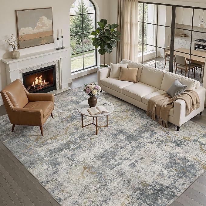 kakania Washable 9x12 Area Rug for Living Room: Abstract Modern Home Decor | Soft Stain Resistant, Low-Pile, Non-Slip, Pet & Kid Friendly, Thin Rug for Bedroom/Dining Room/Kids Dorm - Blue Grey