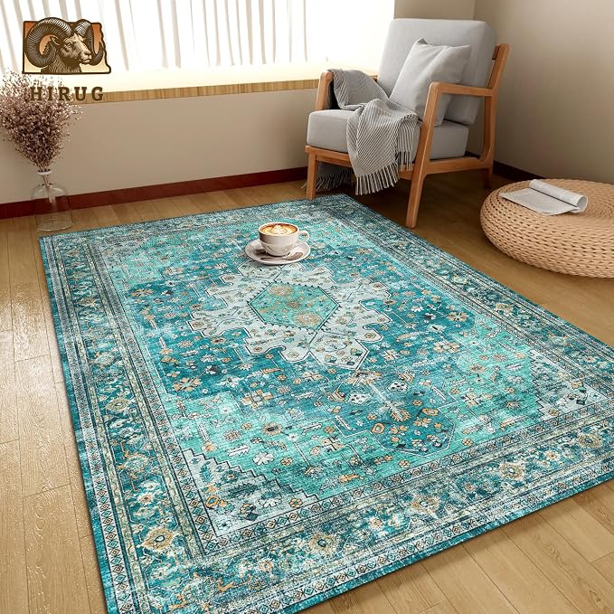 Washable Area Rug 5' x 7' Vintage Traditional Persian Mat - Foldable Distressed Non-Slip Machine Washable Carpet for Living Room Bedroom Kitchen Home Decor - Teal and Gold