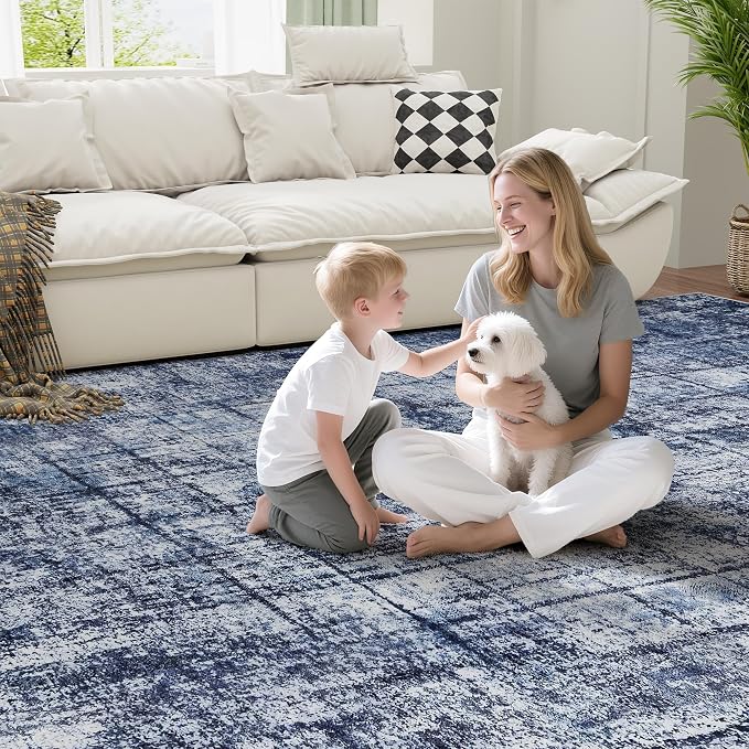 8x10 Washable Area Rug for Living Room Bedroom: Non-Slip Modern Navy Blue | Machine Washable TPR Backing, Stain-Resistant Low Pile, Pet & Kid Friendly, Abstract Decor for Dining Room, Dorm, Home Office