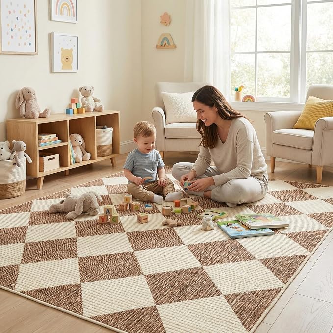 GarveeHome 5x7 Checkered Area Rug Modern Brown Washable Living Room Rug | Geometric Farmhouse Carpet Soft Low Pile Non Slip Diamond Floor Mat Plaid Print Throw Rug for Dining Room Playroom