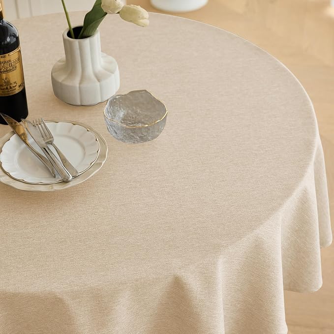 Decorelia Faux Linen Round Table Cloth 60 inch, Waterproof Decorative Fabric Anti-Scratch Texture Round Tablecloth Cover for Dining, Kitchen & Outdoor Table (60 Inch, Round (2-4 Seats), Beige)