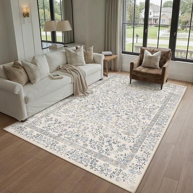 4x5 Blue Floral Small Area Rug Vintage Farmhouse Style | Washable, Non Slip, Soft Low Pile, Indoor Carpet for Entryway, Kitchen, Bathroom, Nursery, Botanical Decor
