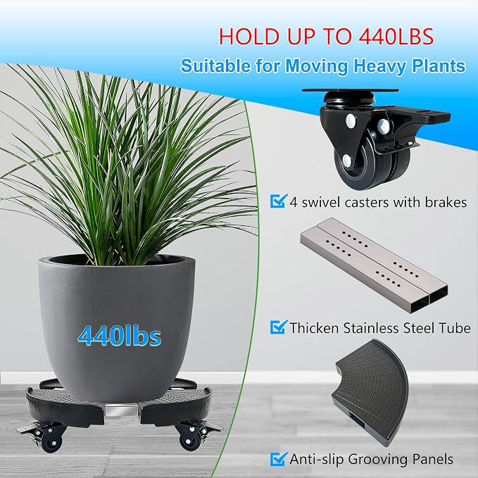 CASIMR Plant Caddy with Wheels, Heavy Duty 440lbs Capacity Rolling Plant Stand, 15-20 Inch Adjustable Indoor Outdoor Plant Dolly, Round Plant Roller Base Flower Pot Rack Holder Trolley Casters Tray, Black