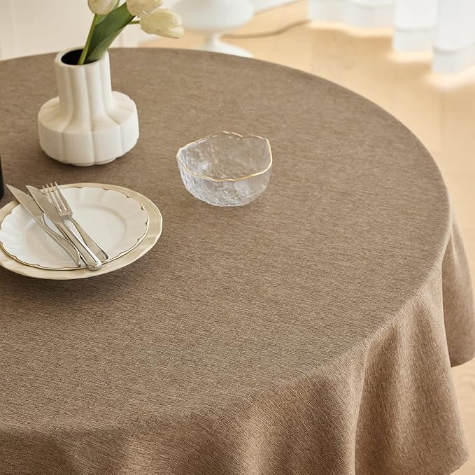 Decorelia Waterproof Kitchen Faux Linen Round Tablecloth, Decorative Fabric Burlap Texture Farmhouse Soft Table Cloth Cover for Dining Party Indoor Outdoor Use (60 Inch, Round (2-4 Seats), Coffee)