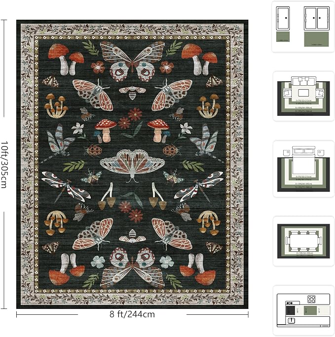 8x10 Area Rugs, Insect Ultra Soft Washable Rug Non Slip with Rubber Back, Stain Resistant Rugs for Living Room, Bedroom, Dining Room(Black Butterfly)