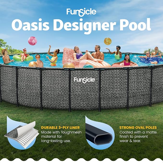 Funsicle Oasis Designer 24' x 52" Round Above Ground Swimming Pool, with 12" Sand Filter Pump, Ladder, Maintenance Kit, Cover, Ground Cloth & Repair Patch, Dark Herringbone | With 12" Sand Filter Pump, Ladder, Maintenance Kit, Cover & Repair Patch, Dar...