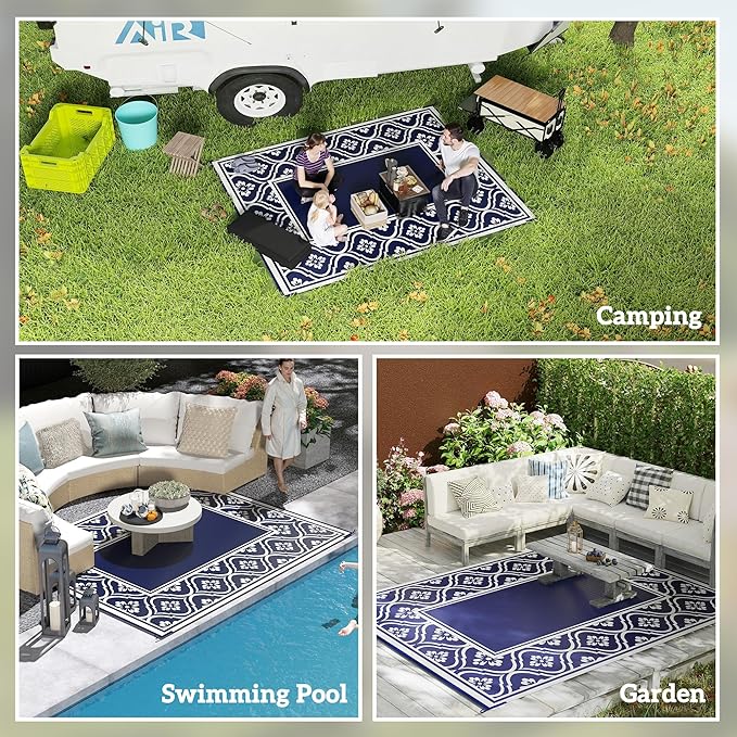 Outsunny Outdoor Rug for Patio, 8' x 10' Waterproof Large Mat, Reversible Plastic Straw Rug for Decor, Portable Outside RV Camping Area Carpet Mat for Backyard Porch Deck Picnic, Blue & White Gourd