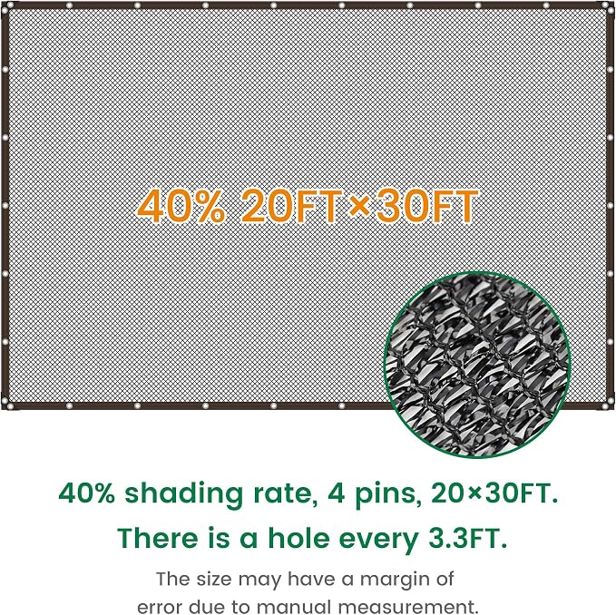 40% 20 X 30 FT Black Shade Cloth, Outdoor Woven Sun Shade with Grommets, Durable Breathable Netting Shading Antifreezing for Patio, Garden, DIY Home, Plants Cover, Greenhouse, Dog Kennel