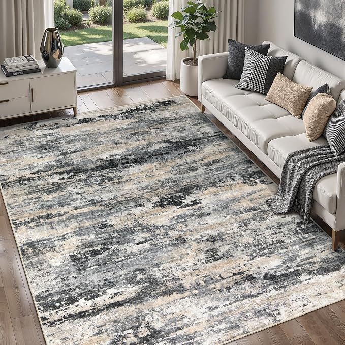 Tangsoo 4x6 Washable Area Rug, Modern Non Slip Indoor Rugs for Living Room, Abstract Contemporary Carpet, Soft Low Pile Foldable Floor Rug for Dining Room Bedroom Bedside Bathroom Office Grey