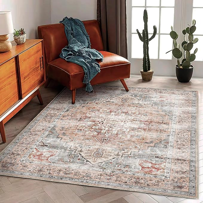 CHAMPLANT Area Rug 5'x7' Light Cyan and Light red Washable Rug Vintage Traditional Floor Cover Thin Retro Kitchen Indoor Distressed Non Slip Carpet for Living Room Bedroom Dining Room
