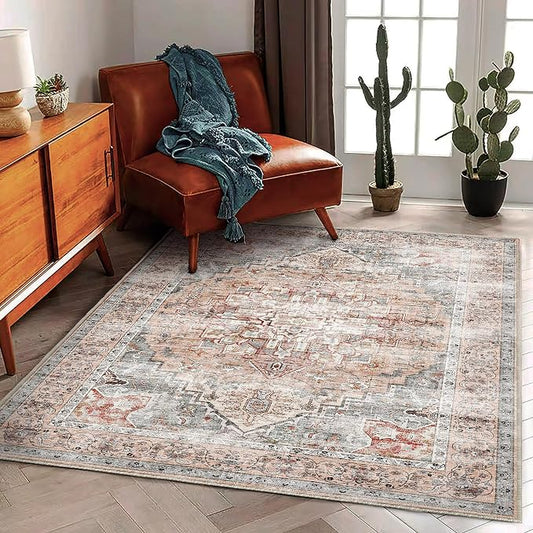 CHAMPLANT Area Rug 5'x7' Light Cyan and Light red Washable Rug Vintage Traditional Floor Cover Thin Retro Kitchen Indoor Distressed Non Slip Carpet for Living Room Bedroom Dining Room
