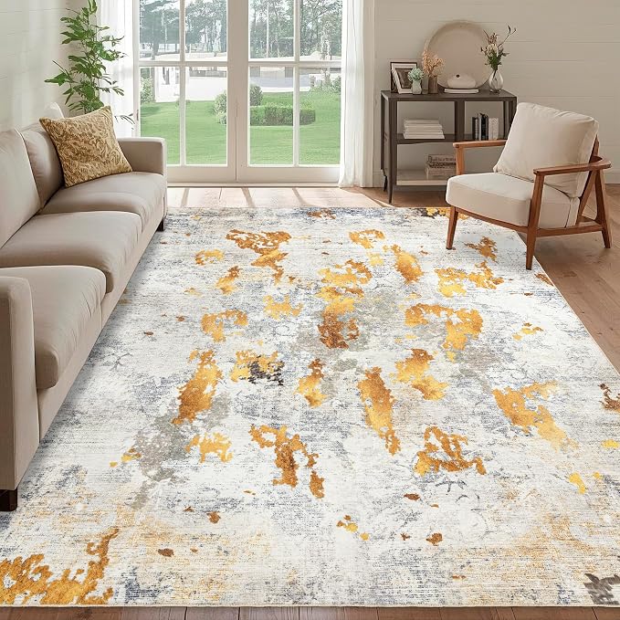 Washable 6x9 Area Rug: Modern Large Rugs for Living Room Dining Room Bedroom Office Indoor - Non-Slip Carpet Home Decor - 6x9 Orange Gold Grey
