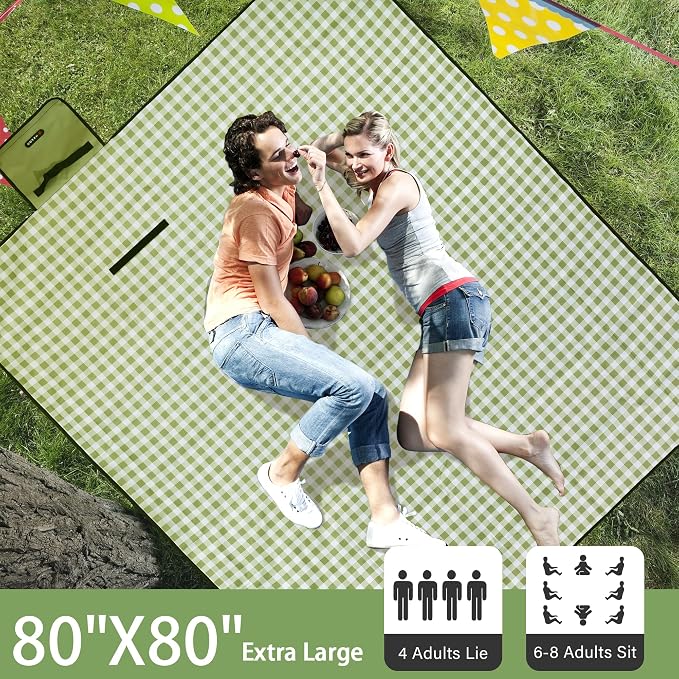 HX&OD Outdoor Picnic Blanket 80"X80" Picnic Mat Extra Large Camping Blanket Beach Blanket Foldable Waterproof Sand Mat Hiking Travel Family Concerts(Green)