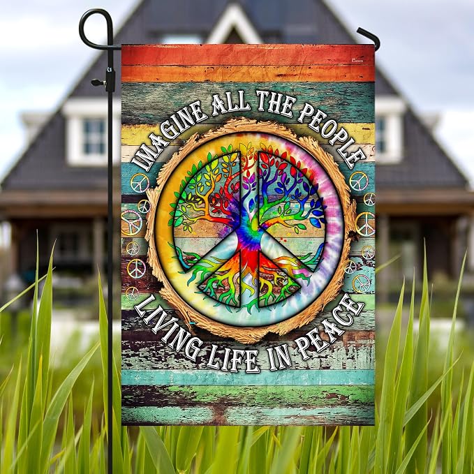 American Flag-Peace Sign Hippie Imagine All The People Living Life In Peace TPT597F, Garden Flag 11.5" x 17.5"-USA Premium Polyester-Decorative Indoor Outdoor Flags