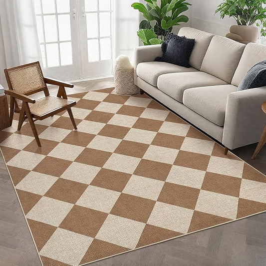 GarveeHome Checkered Easy Jute 5x7 Area Rugs for Living Room Machine Washable Non-Slip Backing Stain Resistant Modern Indoor Outdoor Rugs for Farmhouse Dining Room Patio Brown