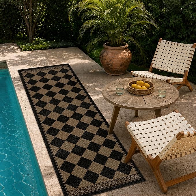 Black and White Easy Jute Checkered Runner Rug 2x6, Washable Kitchen Runner Rug Non Slip, Boho Diamond Indoor Outdoor Carpet for Entryway Hallway Bedroom, Stain Resistant Farmhouse Home Décor