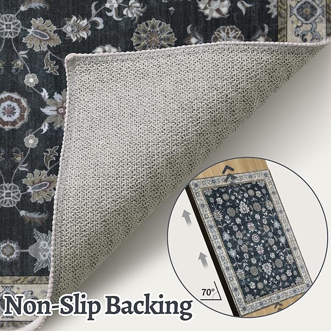 Tangsoo 2x5 Washable Runner Rugs for Hallway, Farmouse Non Slip Rug Runner | Vintage Soft Low Pile Rug Runner, Oriental Carpet Runners for Entryway Kitchen Bedroom Bathroom Living Room Black Home Decor