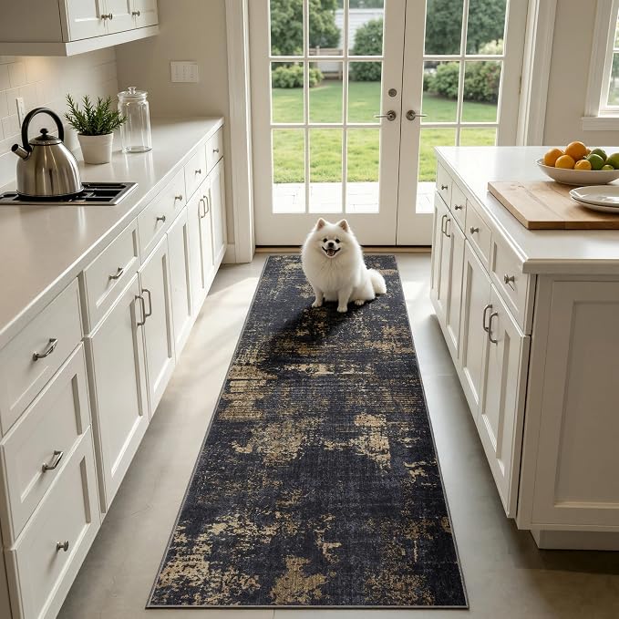 Sasttie 2x10 Runner Rug, Modern Abstract Hallway Carpet, Black & Gold | Machine Washable, Ultra-Soft Faux Wool, Low Pile, Non-Slip, Thin, for Entrance, Entryway, Kitchen & Laundry Room