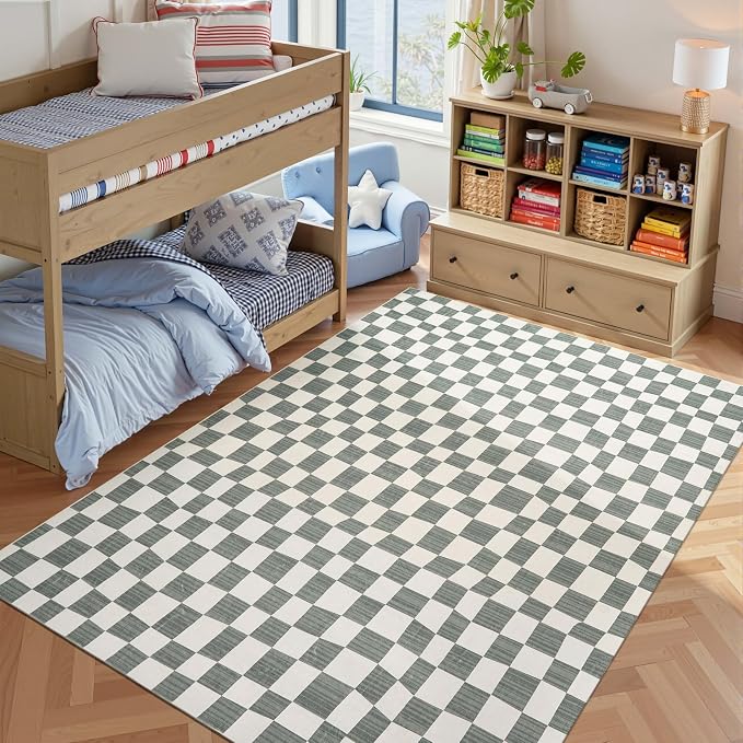 jinchan 6x9 Area Rug Washable Modern Checkered Rug for Kids Room, Grey | Geometric Lattice, Soft, Non-Slip, Floor Carpet, Kitchen, Nursery, Bedroom, Living Room, Dining Room, Nursery, Playroom