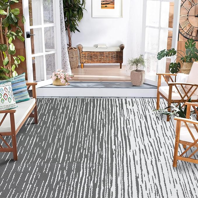 Garvee Modern Outdoor Rug 8x10 Patio Waterproof, Neutral Striped Plastic Straw Rug, Camping Rugs for Outside Your RV, Reversible UV Resistant Mats for Backyard, Deck, Picnic, Camper, Grey