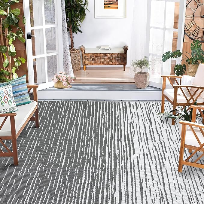 Garvee Modern Outdoor Rug 9x12 Patio Waterproof, Neutral Striped Plastic Straw Rug, Foldable Camping Rugs for Outside Your RV, Reversible UV Resistant Mats for Backyard, Picnic, Porch, Beach, Grey