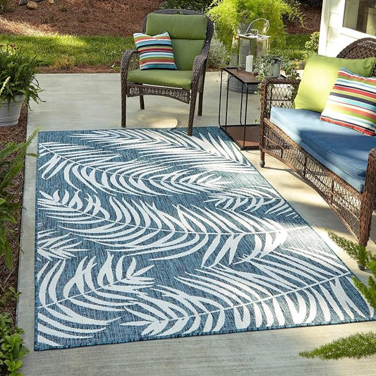 Unique Loom Outdoor Botanical Collection Area Rug - Palm (6' 1" x 9' Rectangle, Teal/ Ivory)