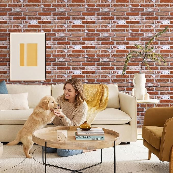 COMSTICKC 3D Red Faux Brick Wall Panel Peel and Stick Wall Covering, 12 Pcs of 22.8" x 11.8", 3D Brick Wall Stickers, UrltraLight PVC Self Adhesive Brick Decorative Tile Interior, Covers 22.48 sq.ft