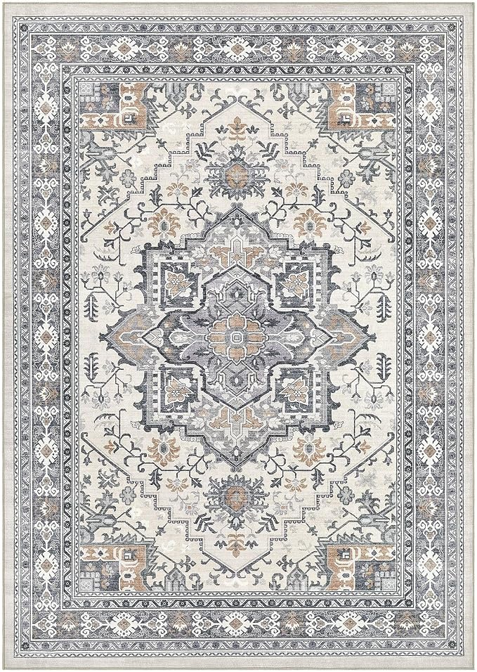 UERMEI 5x7 Area Rug Living Room Rugs - Washable Vintage Soft Large Rug Indoor Floor No Slip Rug Carpet for Bedroom Farmhouse Under Dining Table Home Office Decor - Grey-Orange