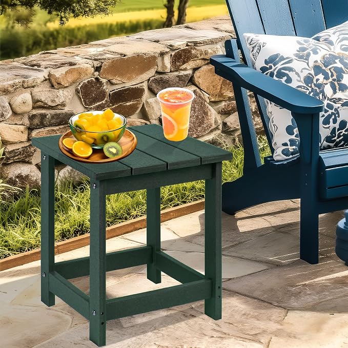 LZRS Patio Side Table, Heavy Duty HDPE Outdoor End Table with Wood Texture, Weatherproof Composite Table for Adirondack Chairs, Deck, Pool, Indoor/Outdoor, No Peeling or Cracking(Dark Green)
