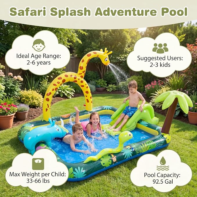GLACER Inflatable Kiddie Pool, Outdoor Splash Pad with Slide & Sprinkler | Jungle Adventure Toddler Swimming Pool with Ring-Toss Game, Water Play Center for Backyard, Garden, 70"L x 54.5"W x 82"H